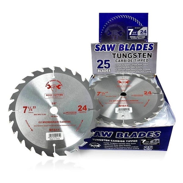 Grip Tight Tools 7-1/4-inch Classic 24-Tooth Tungsten Carbide Tipped Circular Saw Blade, Wood Cutting, 25PK N1611-25 - main
